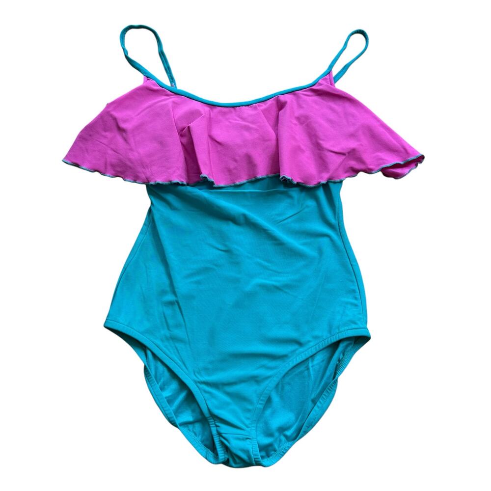 Vintage Sirena Swimsuit 80s Ruffle Barbiecore Aqua Teal Hot Pink Girly Rumba